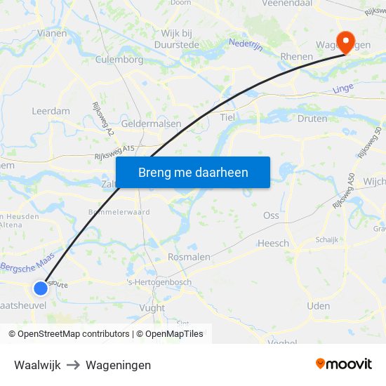 Waalwijk to Wageningen map