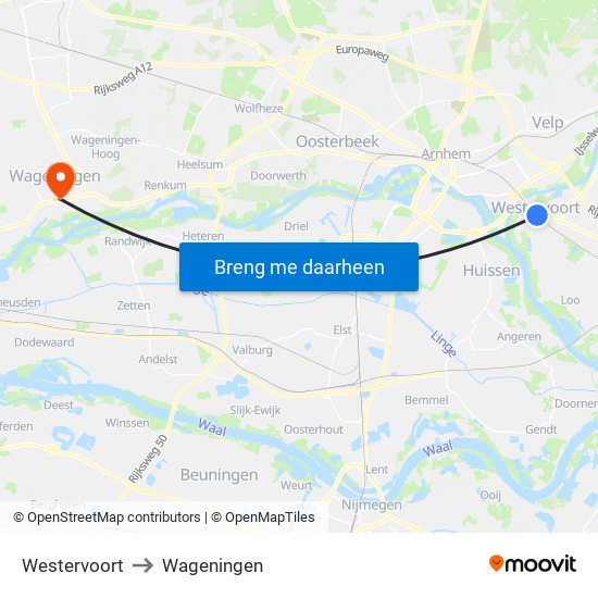 Westervoort to Wageningen map