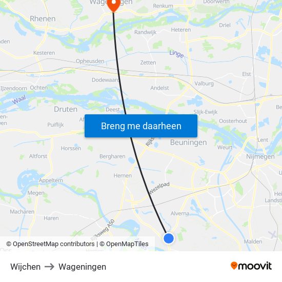Wijchen to Wageningen map