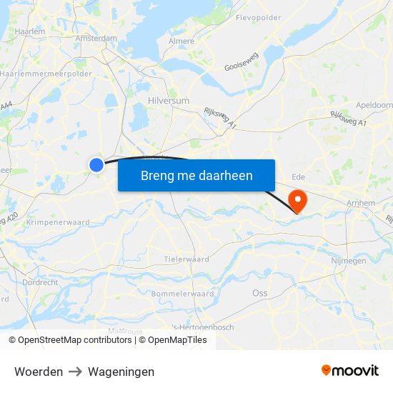 Woerden to Wageningen map