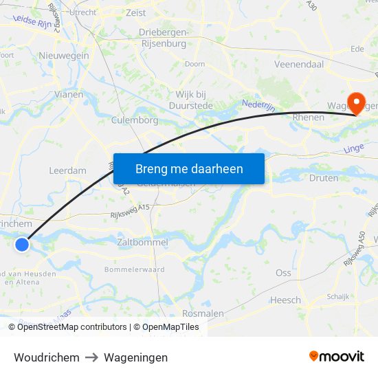 Woudrichem to Wageningen map