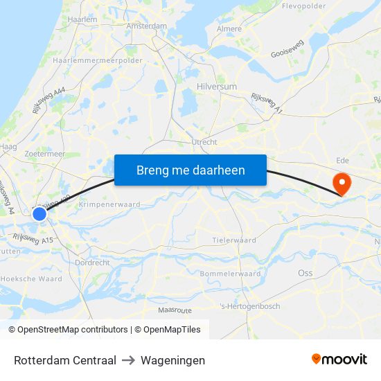 Rotterdam Centraal to Wageningen map