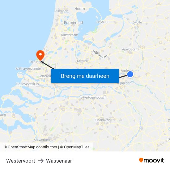 Westervoort to Wassenaar map