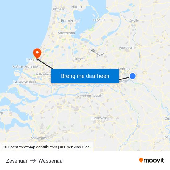 Zevenaar to Wassenaar map
