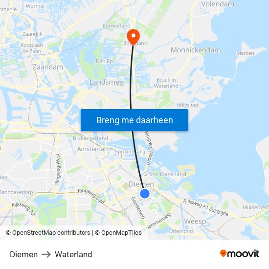 Diemen to Waterland map