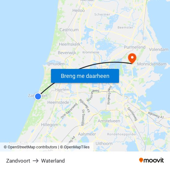 Zandvoort to Waterland map