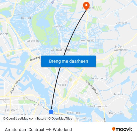 Amsterdam Centraal to Waterland map