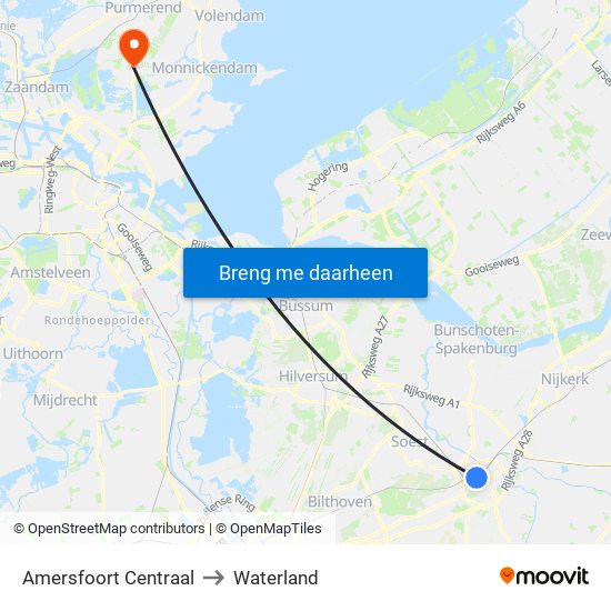 Amersfoort Centraal to Waterland map