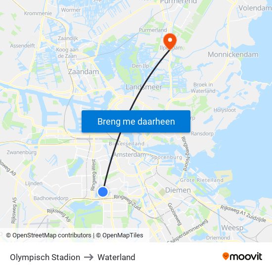 Olympisch Stadion to Waterland map