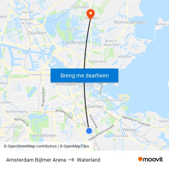 Amsterdam Bijlmer Arena to Waterland map