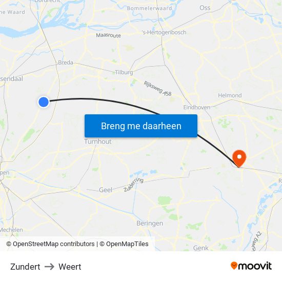 Zundert to Weert map