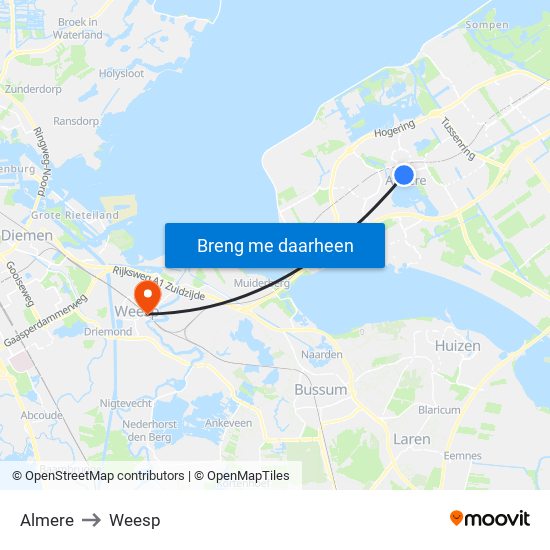 Almere to Weesp map