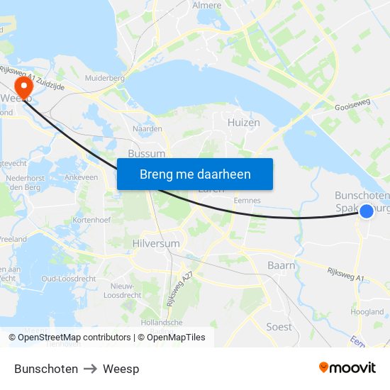 Bunschoten to Weesp map