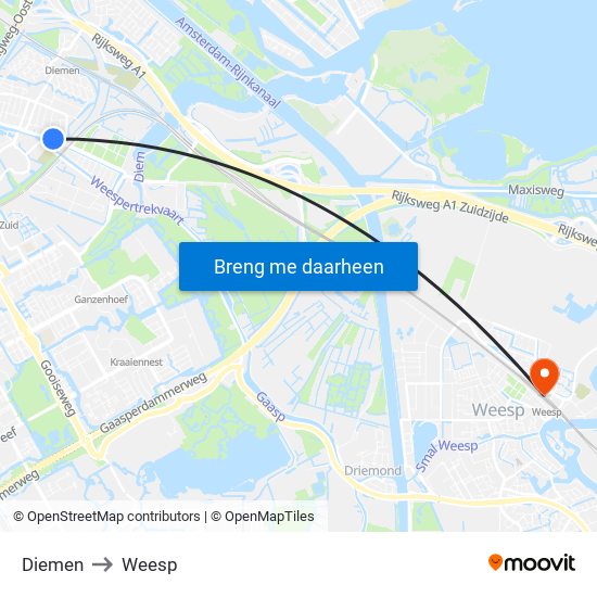 Diemen to Weesp map