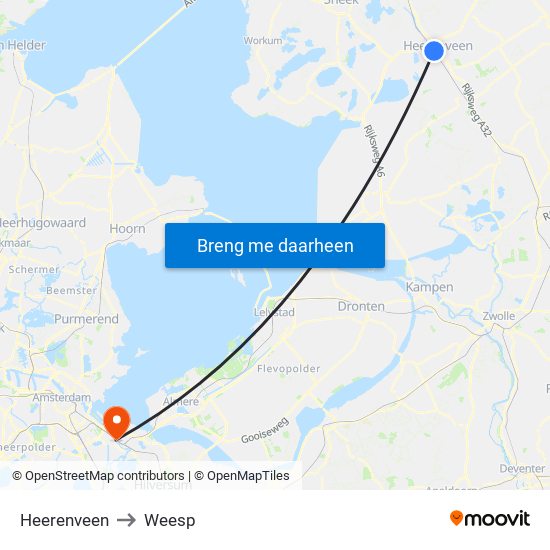 Heerenveen to Weesp map