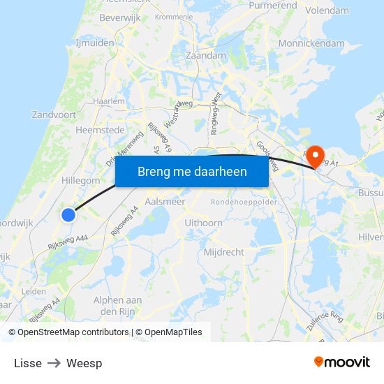 Lisse to Weesp map