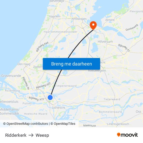 Ridderkerk to Weesp map
