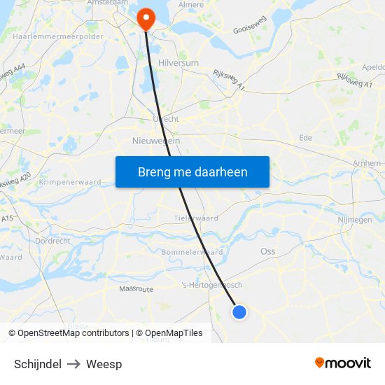 Schijndel to Weesp map