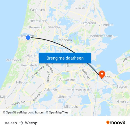 Velsen to Weesp map