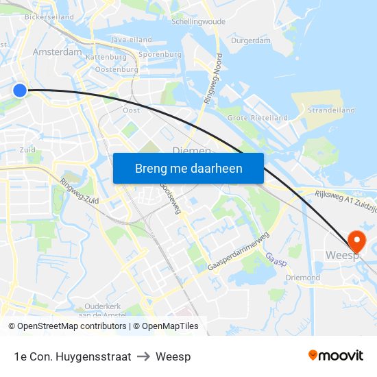 1e Con. Huygensstraat to Weesp map