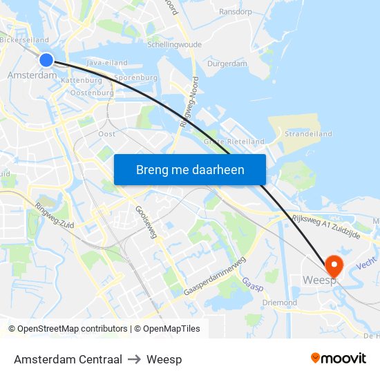 Amsterdam Centraal to Weesp map