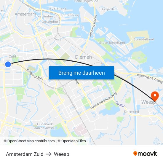 Amsterdam Zuid to Weesp map