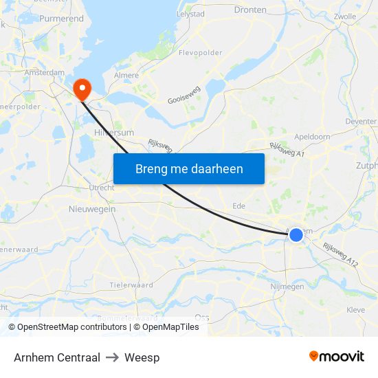 Arnhem Centraal to Weesp map