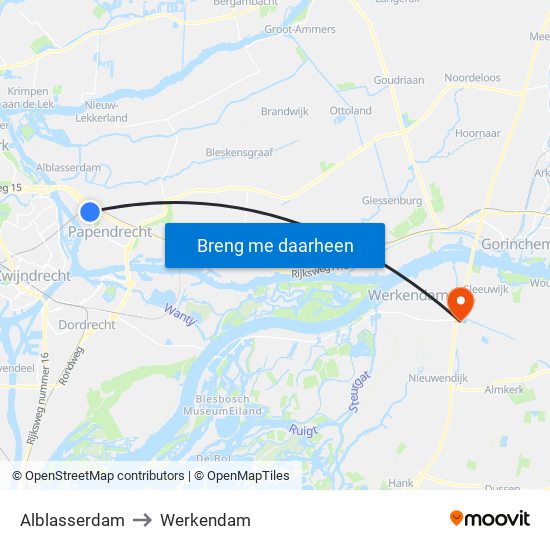 Alblasserdam to Werkendam map