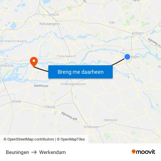 Beuningen to Werkendam map