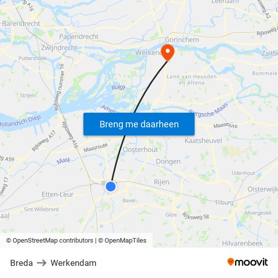 Breda to Werkendam map