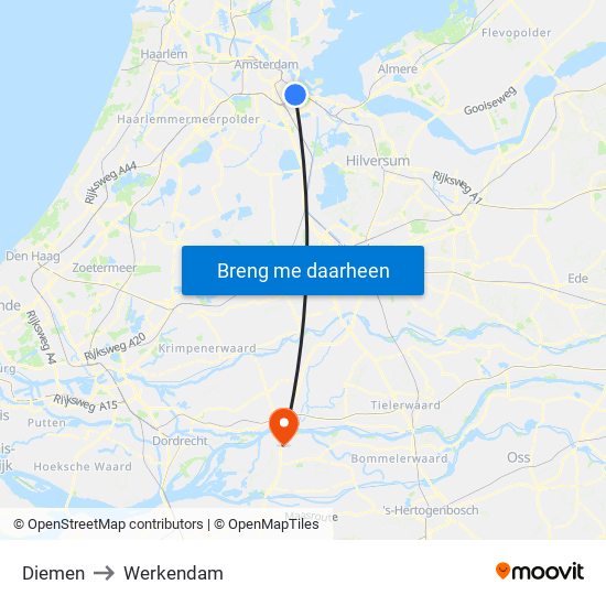 Diemen to Werkendam map