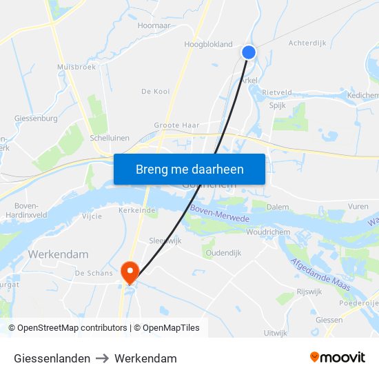 Giessenlanden to Werkendam map