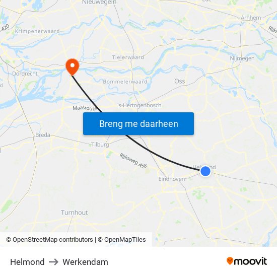 Helmond to Werkendam map