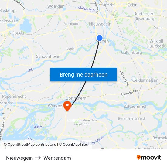 Nieuwegein to Werkendam map