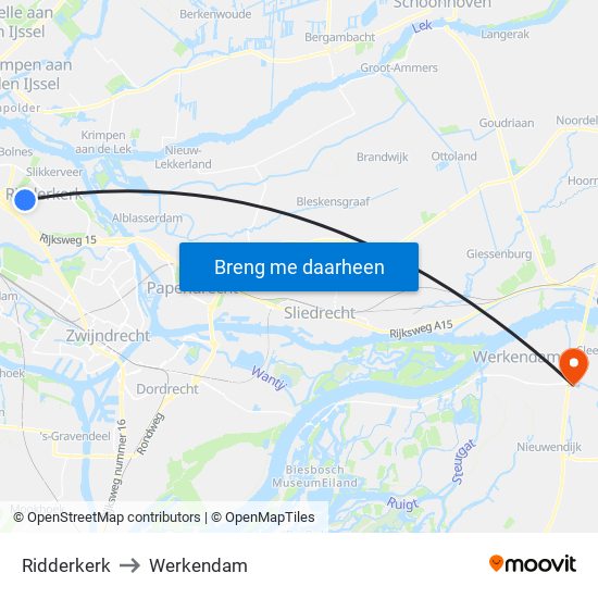 Ridderkerk to Werkendam map