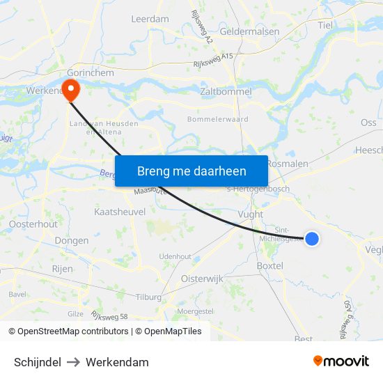 Schijndel to Werkendam map