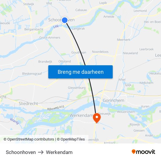 Schoonhoven to Werkendam map