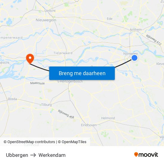 Ubbergen to Werkendam map