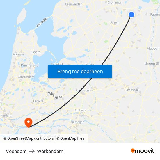 Veendam to Werkendam map