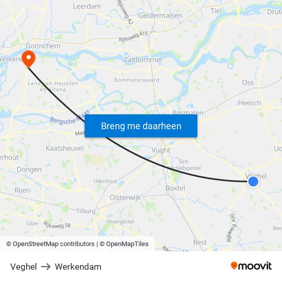 Veghel to Werkendam map