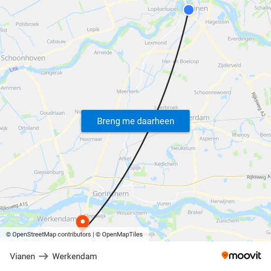 Vianen to Werkendam map