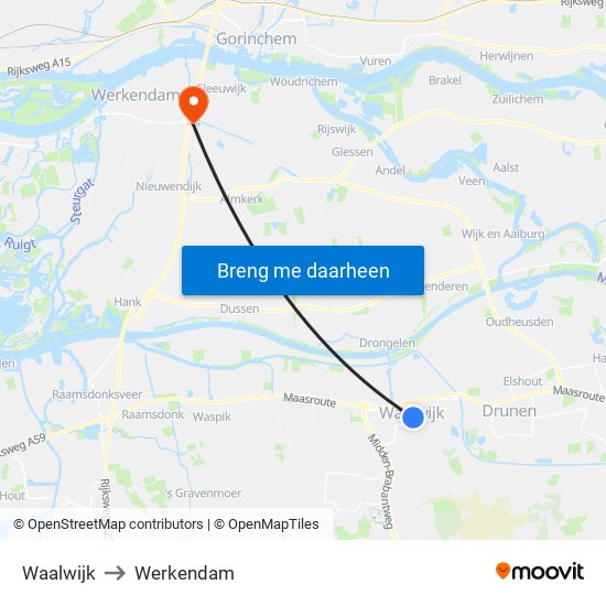 Waalwijk to Werkendam map
