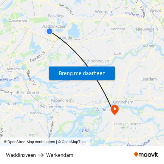 Waddinxveen to Werkendam map