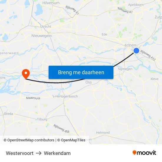 Westervoort to Werkendam map