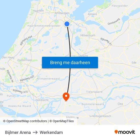 Bijlmer Arena to Werkendam map