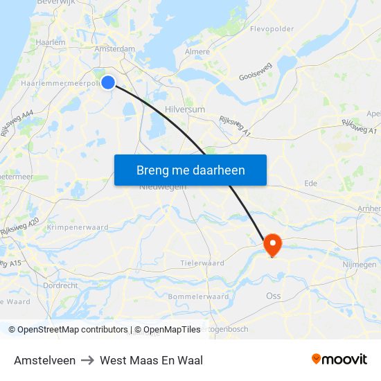 Amstelveen to West Maas En Waal map