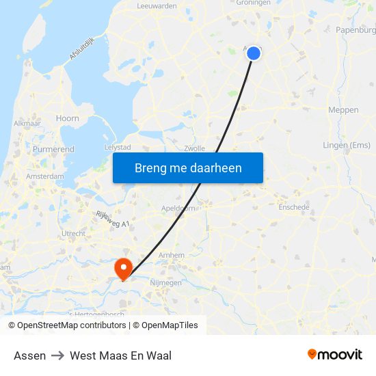 Assen to West Maas En Waal map