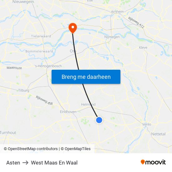 Asten to West Maas En Waal map