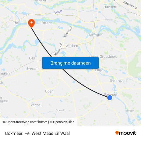 Boxmeer to West Maas En Waal map