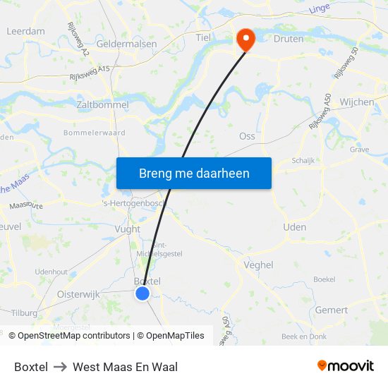 Boxtel to West Maas En Waal map